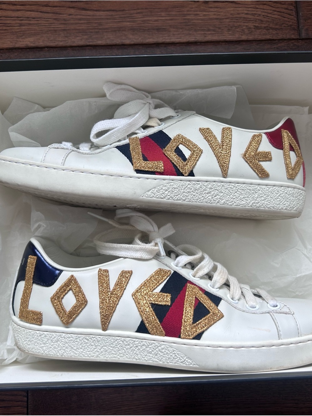 Gucci White Leather Sneakers with Gold Glitter 'LOVED' and Navy/Red Stripes